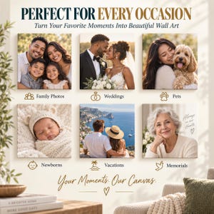 The image is a collage of six different photos, each depicting a different occasion or moment, arranged in a grid format. The photos include a family photo, a wedding, a pet, a newborn, a vacation, and a memorial. The collage is titled "Perfect for Every Occasion" and features the phrase "Your Moments, Our Canvas."