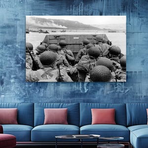 D-Day Normandy Canvas Art American Troops, Omaha Beach Historic Photo (Black and White, Premium Canvas, R image 5