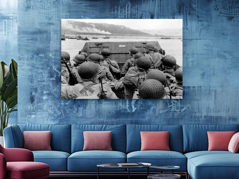 D-Day Normandy Canvas Art American Troops, Omaha Beach Historic Photo (Black and White, Premium Canvas, R image 5