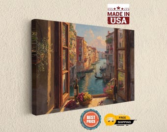 Venice Canal View Canvas Print, Italian Window Scene Wall Art, Romantic Venice Decor