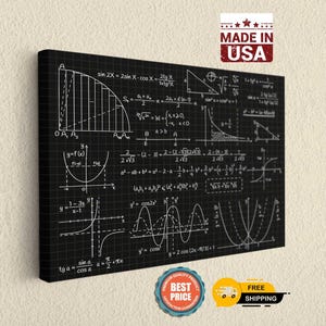 May include: A rectangular black canvas wall art piece featuring white mathematical formulas, geometric diagrams, and calculus graphs printed on a grid background. The design includes various equations, trigonometric functions, and coordinate planes.