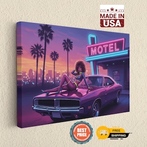 May include: Canvas art print featuring a retro illustration of a woman reclining on a classic car in front of a neon motel sign. The artwork is set against a sunset backdrop with palm trees and city lights. The canvas is marked "Made in USA".