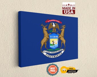 Michigan State Flag Canvas, Great Lakes Wall Art, Patriotic USA Decor, Office Home Print,Best Gift For Father
