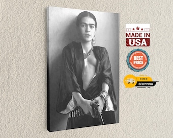 Frida Style Pistol Portrait Canvas, Black and White Iconic Woman Art, Feminist Statement Wall Decor,Best Gift For Father