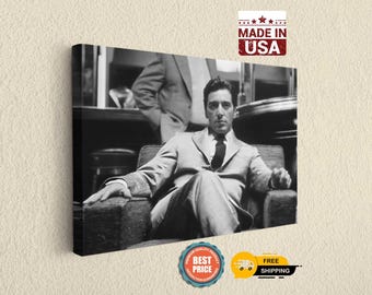 Godfather Michael Inspired Canvas, Classic Mafia Boss Portrait, Black and White Cinema Wall Art,Best Gift For Father