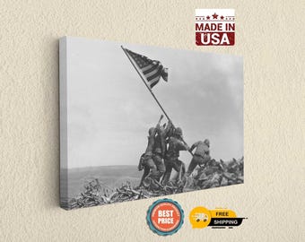 Iwo Jima Flag Raising Art Canvas: Patriotic WWII History Decor, Handcrafted Materials (Gallery Ready, Fade Resistant Ink)