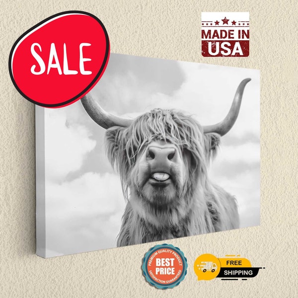Highland Cow Canvas Print Animal Poster Stylish Black and White Country Style Home Decor Wall Hangings