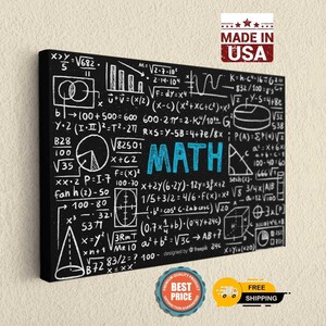May include: A rectangular black canvas wall art piece featuring white mathematical equations, geometric shapes, and graphs. The word MATH is printed in large, bright blue letters in the center. The design includes various formulas, a cone, a cylinder, and a triangle.