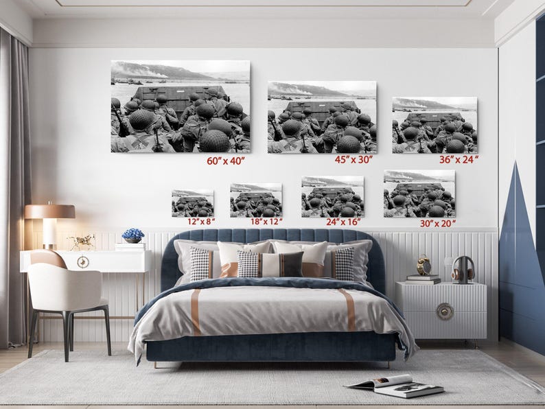 D-Day Normandy Canvas Art American Troops, Omaha Beach Historic Photo (Black and White, Premium Canvas, R image 4