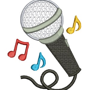 May include: An embroidered design of a microphone with a silver head and a textured black handle. Three musical notes in red, blue, and yellow surround the microphone. A black cable extends from the base of the microphone.