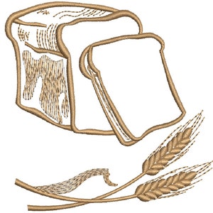 Puede incluir: Un dibujo de línea de una hogaza de pan con dos espigas de trigo. El pan es marrón y las espigas de trigo son marrones.