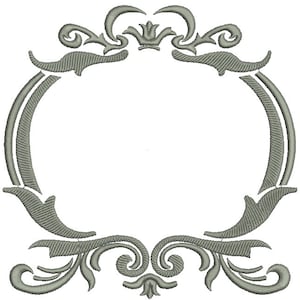 May include: A decorative, ornate, silver-grey frame with a circular opening. The frame has a detailed, intricate design with swirls and flourishes.