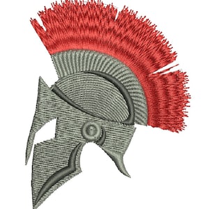 May include: An embroidered Spartan helmet design. The helmet is grey with black detailing and a bright red plume. The image showcases detailed stitching, highlighting the helmet's shape and features, a symbol of ancient Greece.