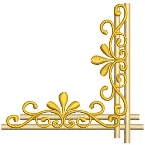 Może przedstawiać: Złoty haftowany wzór narożny z elementami kwiatowymi i przewijanymi. Projekt przedstawia stylizowany kształt liścia i zakrzywione linie, tworząc elegancką, dekoracyjną obwódkę. Narożnik jest na białym tle.