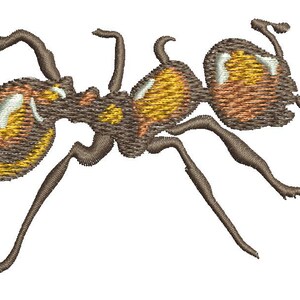 May include: Embroidered ant design with brown, yellow, and white details. The insect has six legs and two antennae. The ant's body is segmented, with a detailed, textured appearance. The image is isolated on a white background.