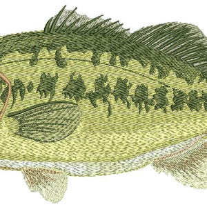 Może przedstawiać: Szczegółowy haft przedstawiający okonia dużego z zielonymi, brązowymi i żółtymi łuskami. Ryba jest zwrócona w lewo z otwartą paszczą.