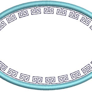 May include: An oval-shaped embroidery design with a light blue border and a repeating black Greek key pattern. The design is centered on a white background, creating a clean and classic look.