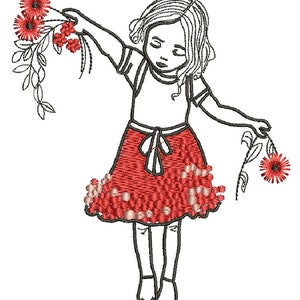 May include: A line drawing of a girl in a red dress holding a bouquet of red flowers. The girl is smiling and has her hair pulled back. The flowers are in bloom and have green stems.