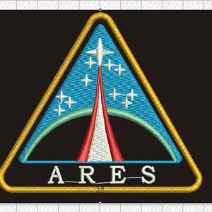 May include: A yellow triangle with a blue and green design inside. The triangle has a red and white rocket in the center and the word "ARES" in white letters at the bottom.