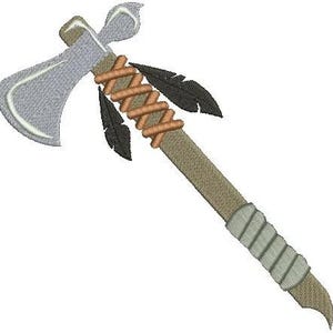 May include: A silver tomahawk with a brown wooden handle wrapped in brown leather and decorated with black feathers.
