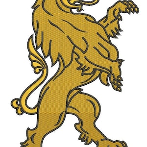 May include: A golden lion heraldry design, embroidered on a white background. The lion is depicted in a standing pose with one paw raised, showcasing intricate details and a textured appearance. The design is suitable for apparel or decorative items.