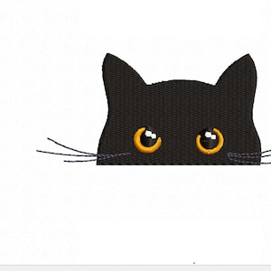 May include: Black cat face embroidery design with yellow eyes and whiskers. The cat's head is peeking over a surface. This design is suitable for various craft projects, including apparel and home decor.