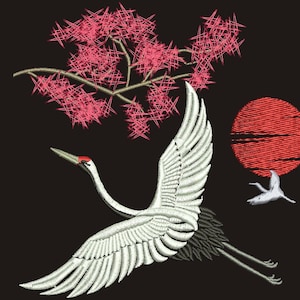 May include: Embroidered design featuring a white crane in flight with outstretched wings, a red sun, and pink flowering branches against a black background. The crane has a red head and is in mid-flight.