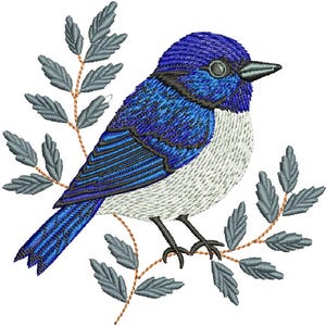 May include: Embroidered image of a blue bird with a white chest, perched on a branch with grey leaves. The bird has a detailed design with shades of blue and black, against a white background.