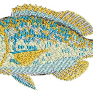May include: Embroidered fish design in shades of yellow, blue, and gray. The fish has detailed scales and fins, with a prominent eye and mouth. The design is likely for a patch or applique.