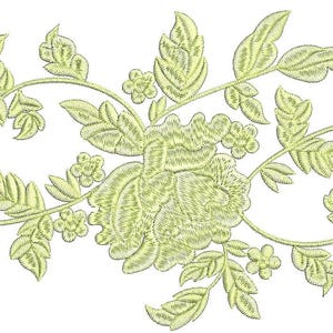 May include: A delicate embroidery design featuring a large, light green flower with intricate details, surrounded by smaller flowers and leaves. The design is perfect for adding a touch of elegance to any project.