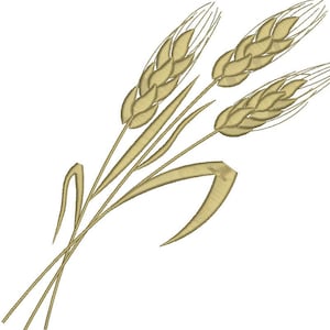 May include: An embroidered design of wheat stalks in shades of gold and tan. The image features three full wheat heads and several leaves, all rendered with detailed stitching on a white background. The wheat is a symbol of harvest and abundance.