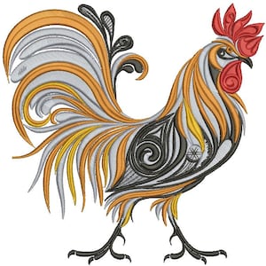 May include: A detailed illustration of a rooster with a vibrant design. The rooster features a combination of orange, gray, yellow, black, and red colors. The artwork showcases intricate patterns and a decorative style, perfect for embroidery or textile art.
