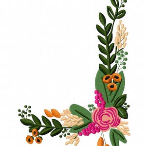 Może przedstawiać: Wzór narożny z różową różą, zielonymi liśćmi, pomarańczowymi jagodami i białymi kwiatami. Wzór idealnie nadaje się do projektów hafciarskich.