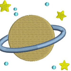 May include: A yellow planet with a blue ring around it, surrounded by yellow stars and blue dots on a white background.