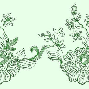 Może przedstawiać: Para symetrycznych wzorów kwiatowych z zielonymi liśćmi i kwiatami. Kwiaty mają centralne koło z płatkami promieniującymi na zewnątrz.