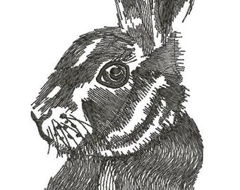 Peut inclure: Illustration en noir et blanc d'une tête de lapin avec de grandes oreilles.
