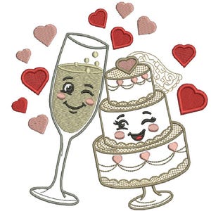 May include: An embroidery design featuring a cartoon champagne flute and a three-tiered wedding cake with faces. Both characters have winking eyes and pink cheeks. The design is surrounded by several red and light pink hearts floating around.