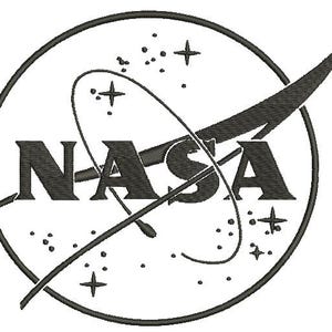 May include: Black and white NASA logo. The logo features the word "NASA" in bold capital letters, encircled by a ring and a stylized wing-like shape. The design includes stars and a curved orbital path.
