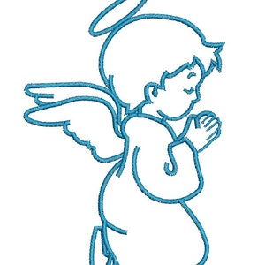 Puede incluir: Un dibujo de línea de un ángel arrodillado con un halo, alas y manos juntas en oración. El ángel está delineado en azul.