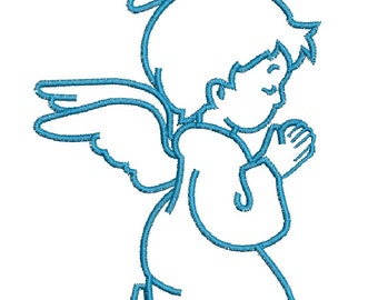 May include: A line drawing of a kneeling angel with a halo, wings, and hands clasped in prayer. The angel is outlined in blue.