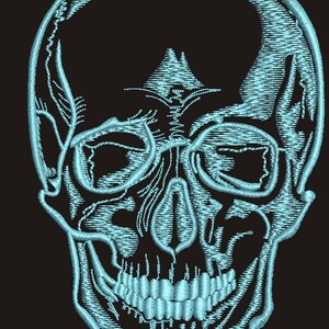 May include: A light blue embroidered skull design on a black background.