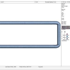 May include: A blue rectangular applique design, 3 inches wide, with rounded corners. The design includes text and measurements in millimeters. The design is for embroidery.