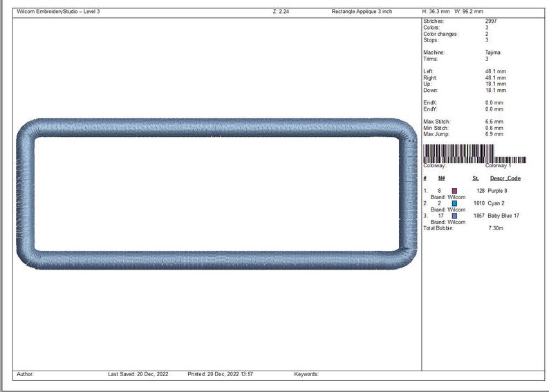 May include: A blue rectangular applique design, 3 inches wide, with rounded corners. The design includes text and measurements in millimeters. The design is for embroidery.