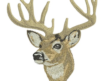 May include: An embroidery design featuring the head of a deer with large, tan antlers. The deer has brown fur, a white throat patch, and black details around the nose and eyes. The stitching creates a textured appearance for the animal's features.