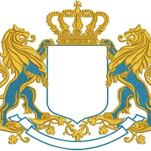 May include: Embroidered coat of arms design featuring two golden lions flanking a blank shield, topped with a golden crown. The lions are blue and gold, with intricate detailing. A banner and floral accents complete the design.