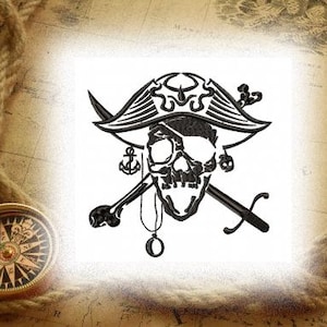 May include: Black and white embroidery design of a pirate skull wearing a tricorn hat with crossed swords and an anchor.