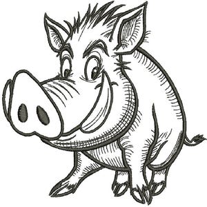 Puede incluir: Un diseño de bordado en blanco y negro de un facóquero de dibujos animados. La ilustración presenta un jabalí estilizado con colmillos prominentes, un hocico grande, orejas puntiagudas y una cola con mechón, trazado con líneas marcadas.