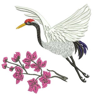 May include: An embroidered design featuring a crane in flight with outstretched wings. The crane has a red crown, black neck, and white body. A branch of pink cherry blossoms is in the foreground. The design is suitable for embroidery projects.