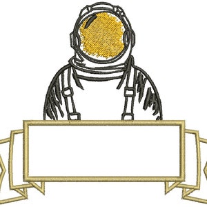 May include: A black and white line drawing of an astronaut wearing a helmet with a yellow visor. The astronaut is standing above a gold banner with a blank space for text.