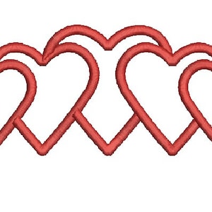 Może przedstawiać: Rząd czerwonych serc z obramowaniem w różnych rozmiarach, ułożonych w kaskadzie. Serca są puste i mają białe tło.